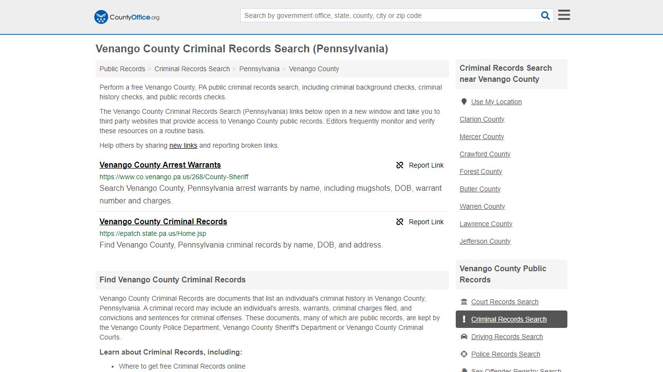 Venango County Criminal Records Search (Pennsylvania) - County Office